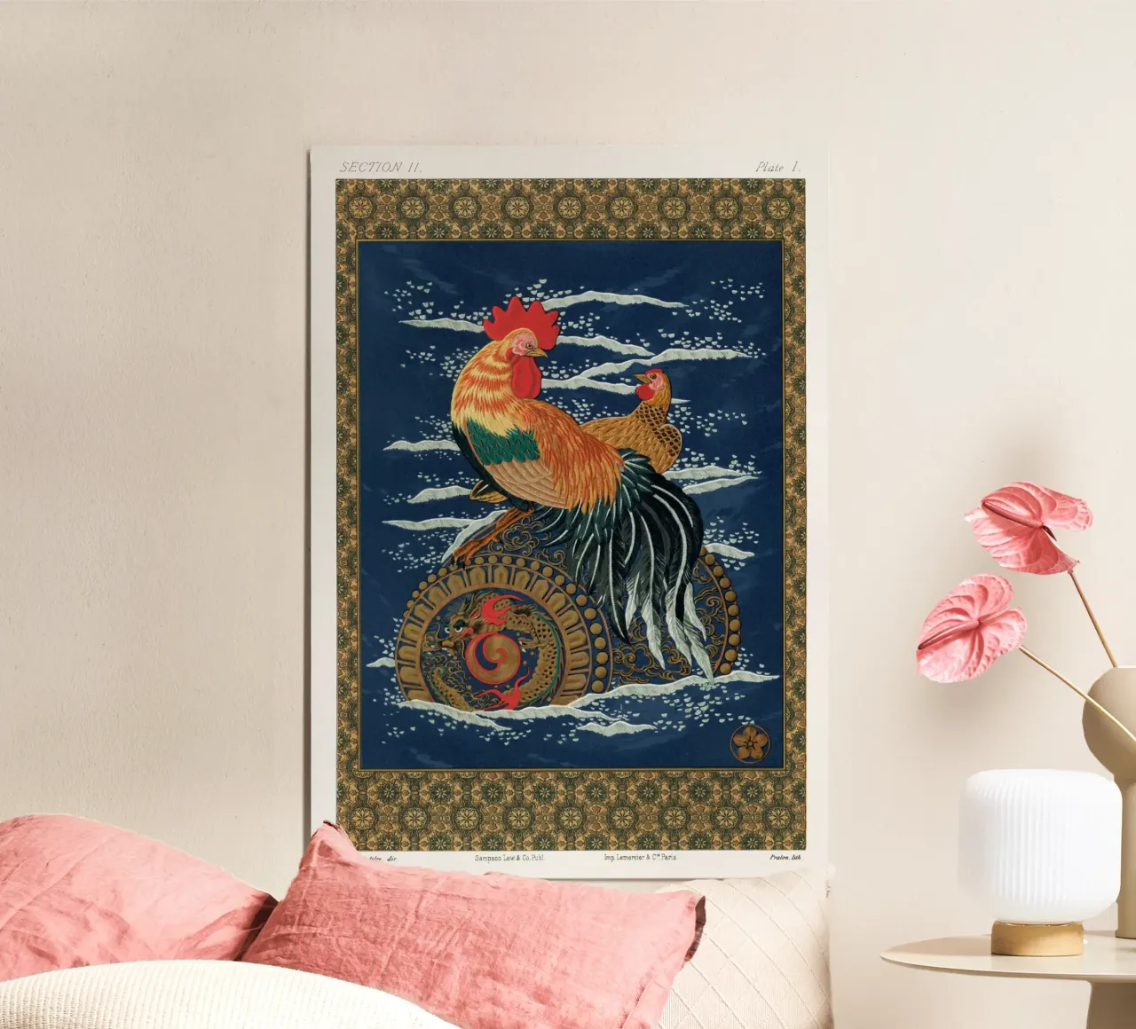 Rooster and hen on a barrel floating in the sea alluminio dibond da vintageshop