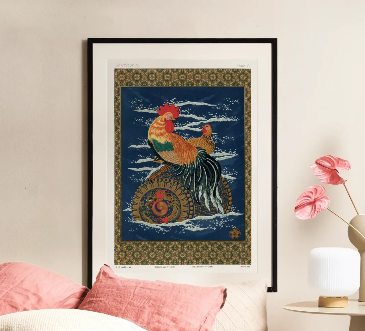 Rooster and hen on a barrel floating in the sea hahnemühle by vintageshop