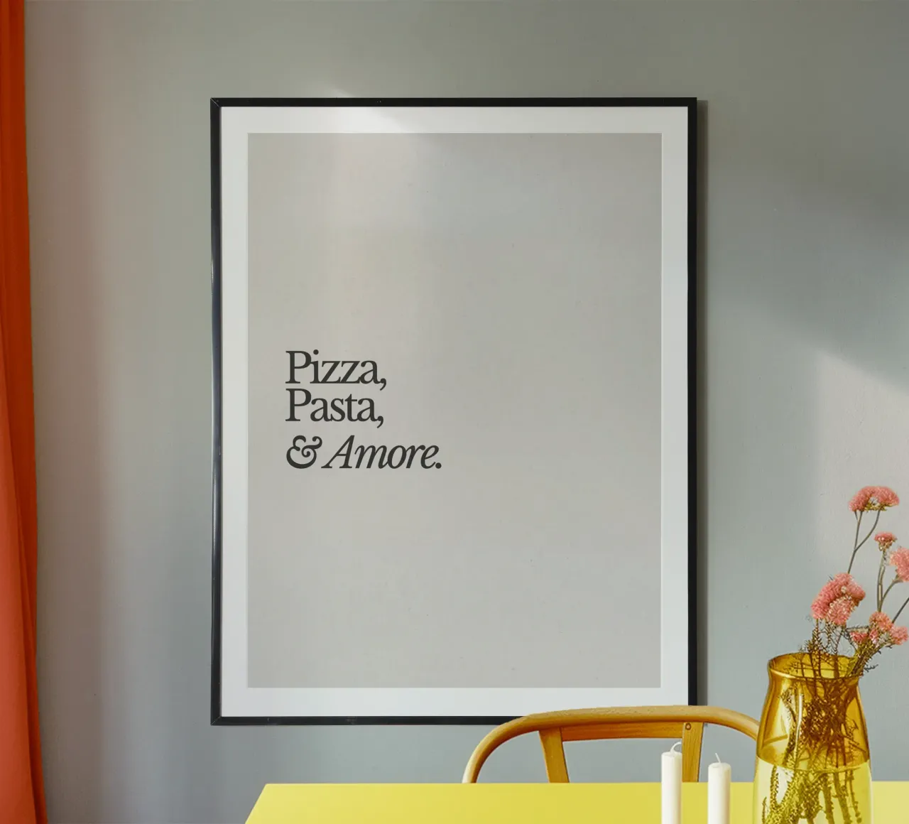 Pizza, Pasta & Amore poster con telaio in legno da Diesdas Ananas Design