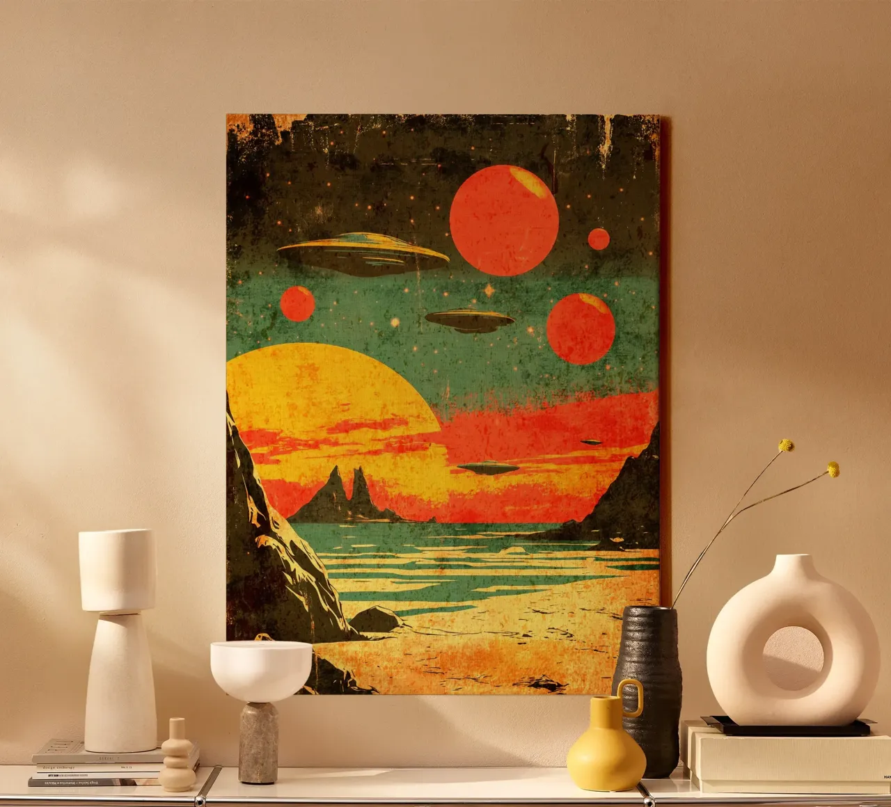 planeten zon oceaan zee canvas met Baklijst van Leon B Feierabend