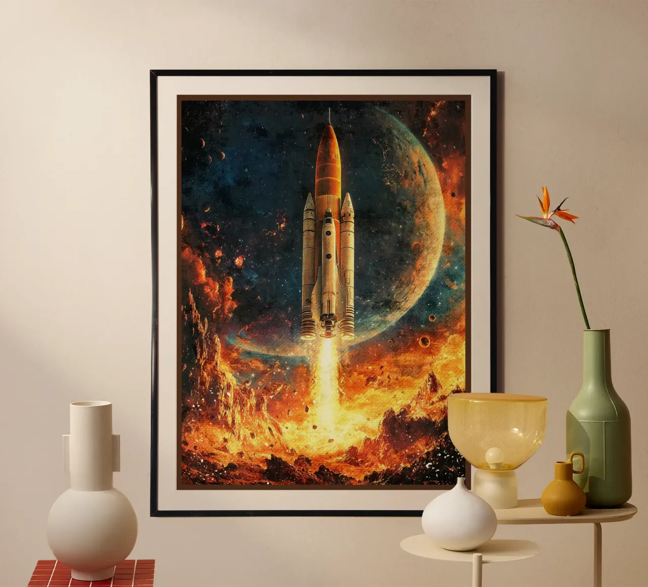 razzo spaziale pianeta galassia poster con telaio in plastica da Leon B Feierabend