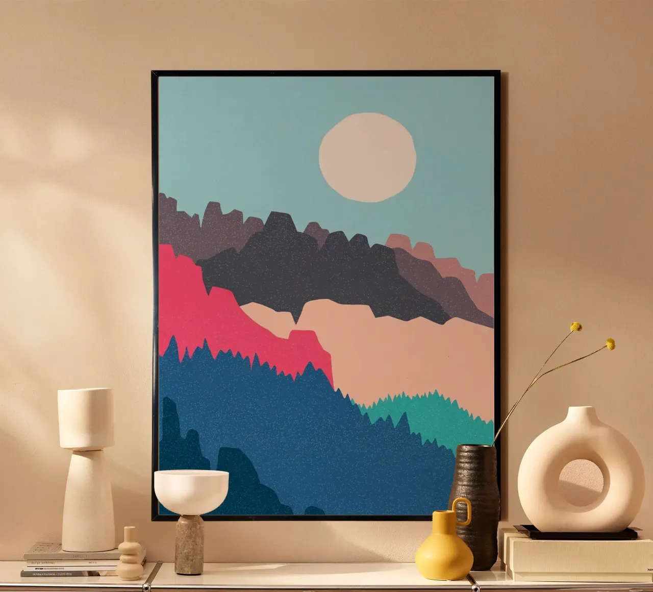 montagne sole cielo paesaggio poster con telaio in alluminio da Sven B Strauss