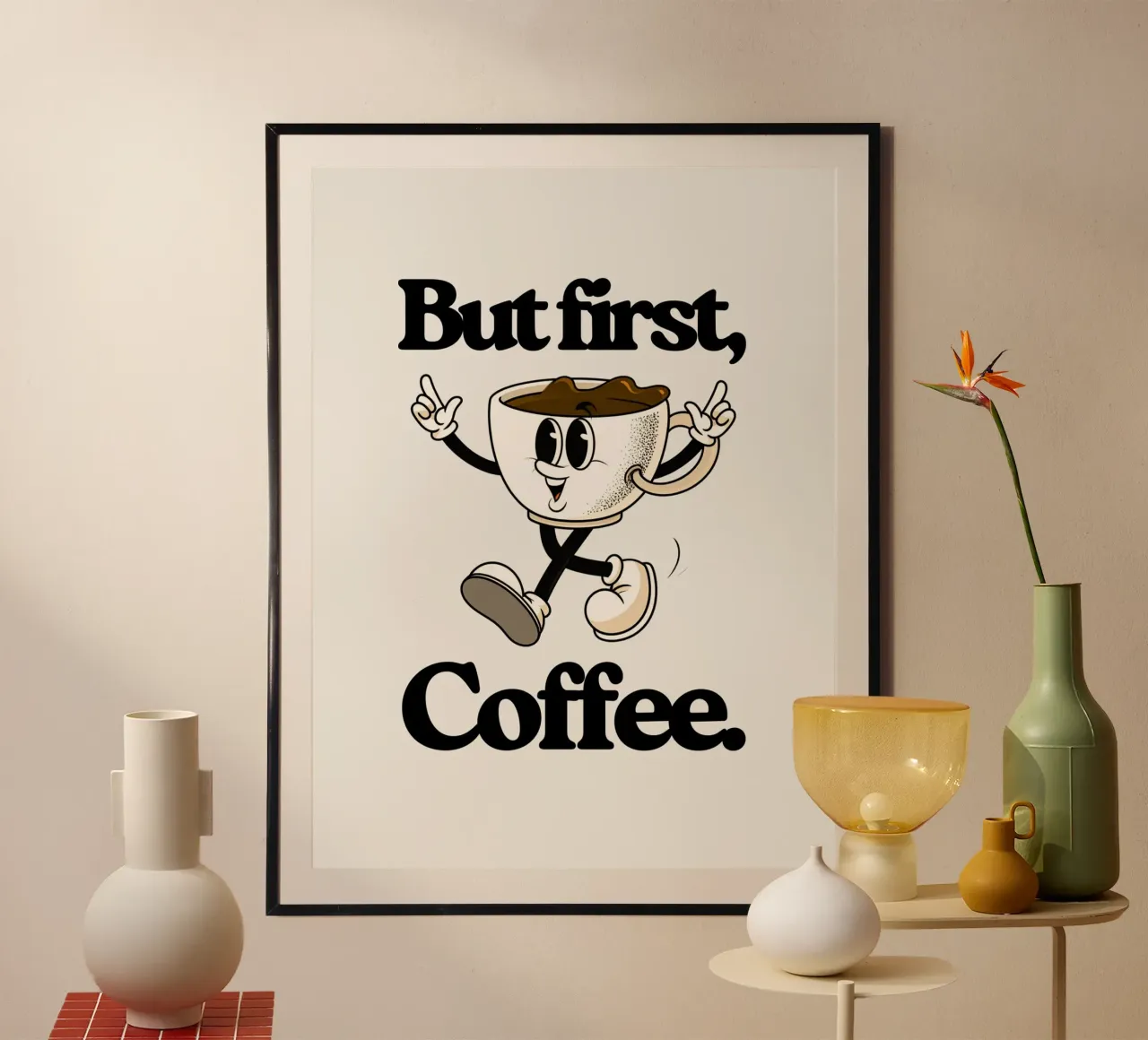But first coffee (brown) poster con telaio in legno da Diesdas Ananas Design