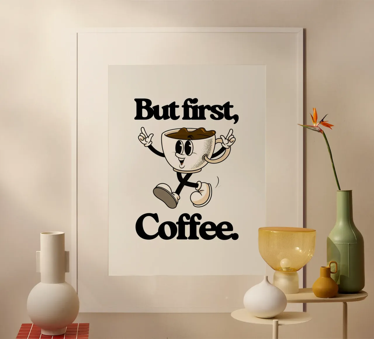 But first coffee (brown) poster con telaio in legno da Diesdas Ananas Design