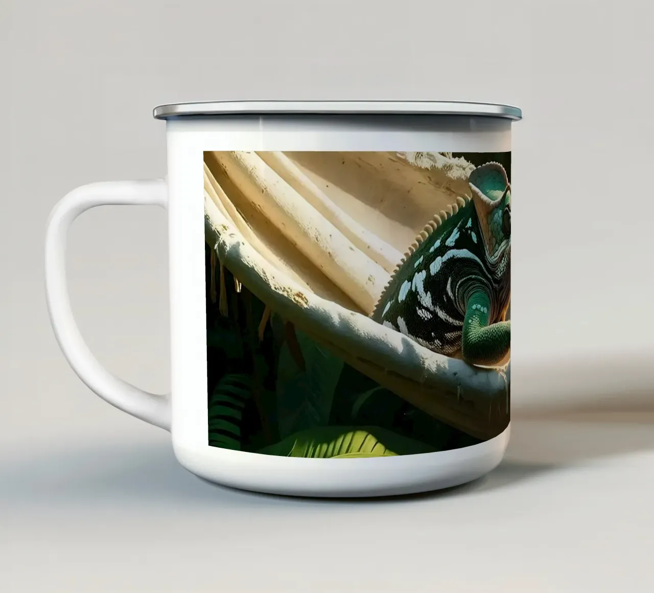 🌸🦎 Kameleon | Do not disturb – chillin’ (1) enamel mug by Trinkets NL Design Studio