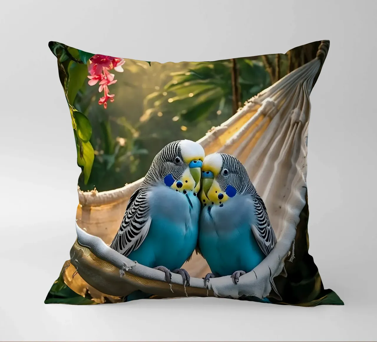 🌿💙 Parakeets | Chilling with the two of them decorative cushion by Trinkets NL Design Studio