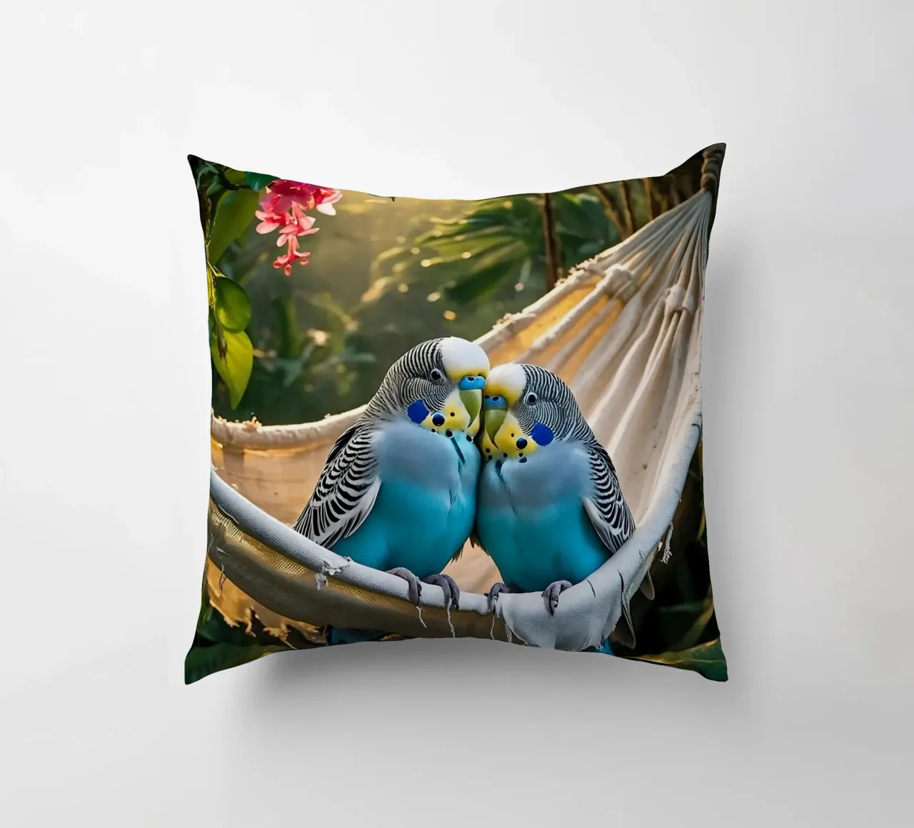 🌿💙 Parakeets | Chilling with the two of them decorative cushion by Trinkets NL Design Studio