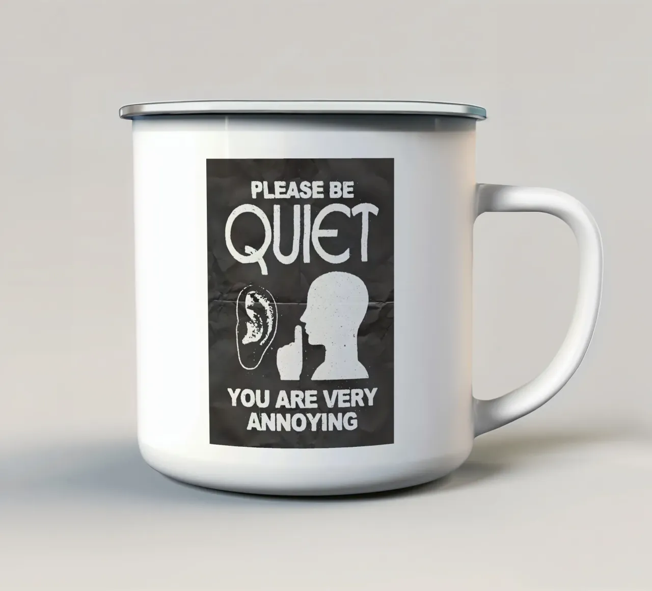 PLEASE BE QUIET tazza in smalto da Type & Tape