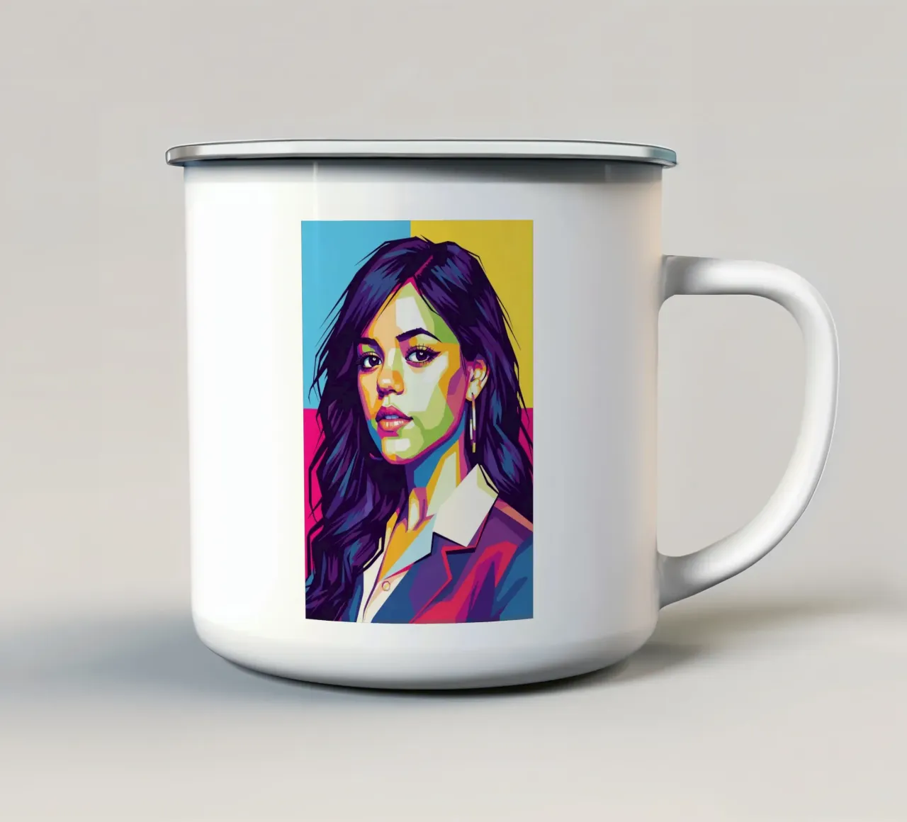 Jenna Ortega, ritratto pop art colorato tazza in smalto da Hantamrata