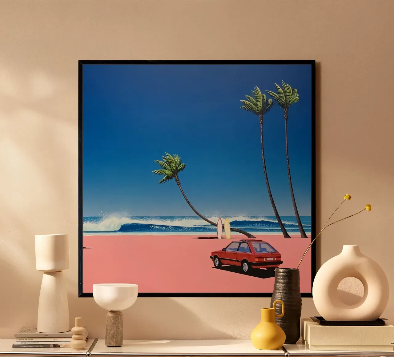 Auto rossa sulla spiaggia poster con telaio in plastica da Günstiger Laden