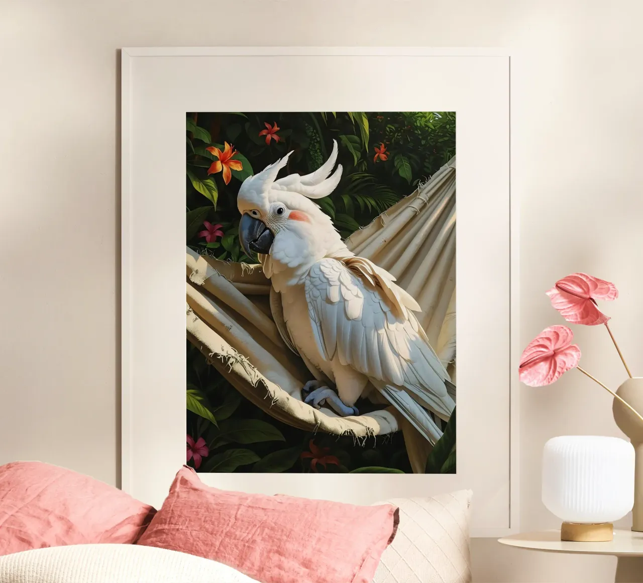 🌿🌺 Cockatoo | Ssst... modalità estiva attiva poster con telaio in alluminio da Trinkets NL Design Studio