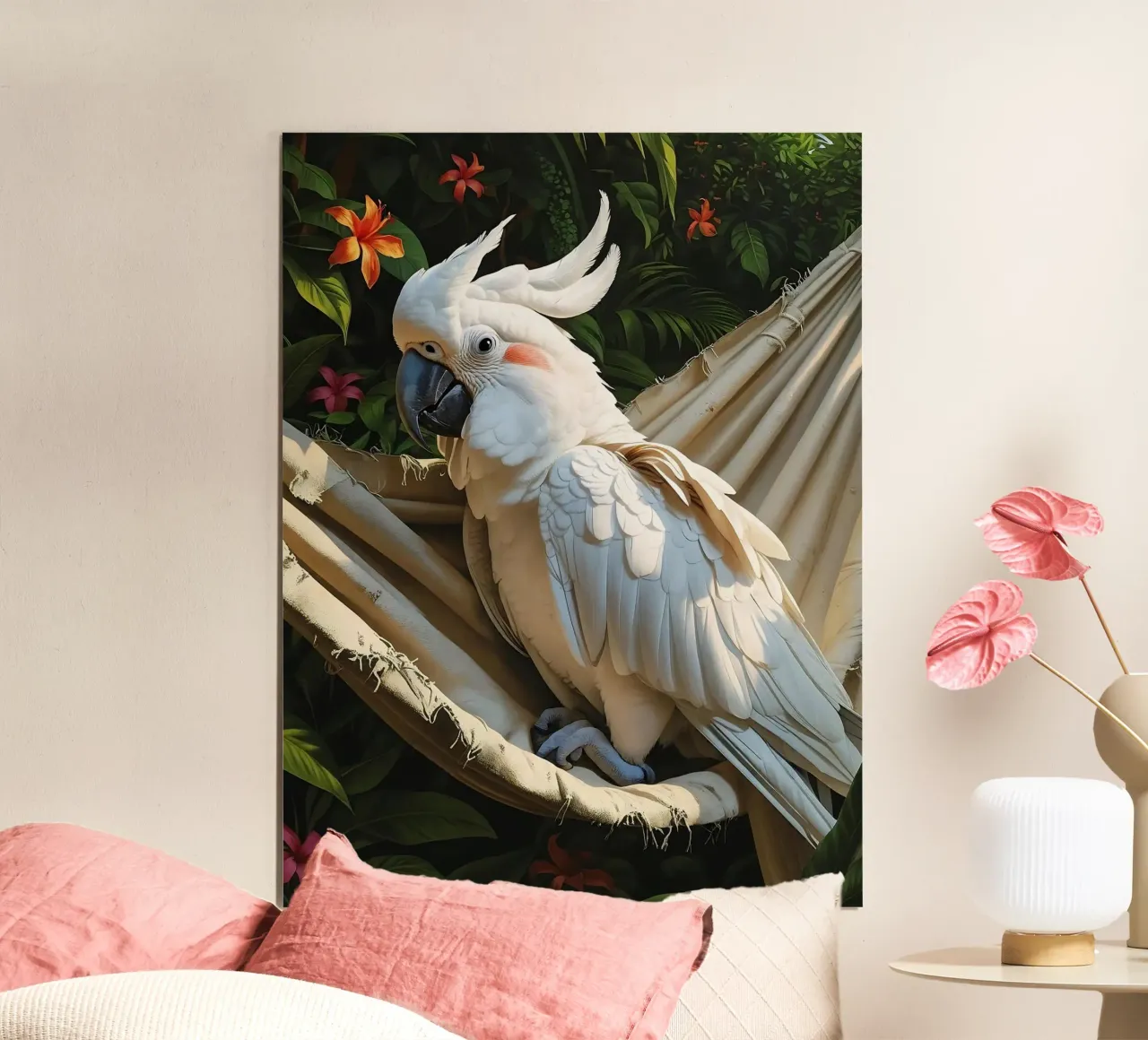 🌿🌺 Cockatoo | Ssst... modalità estiva attiva poster con telaio in alluminio da Trinkets NL Design Studio