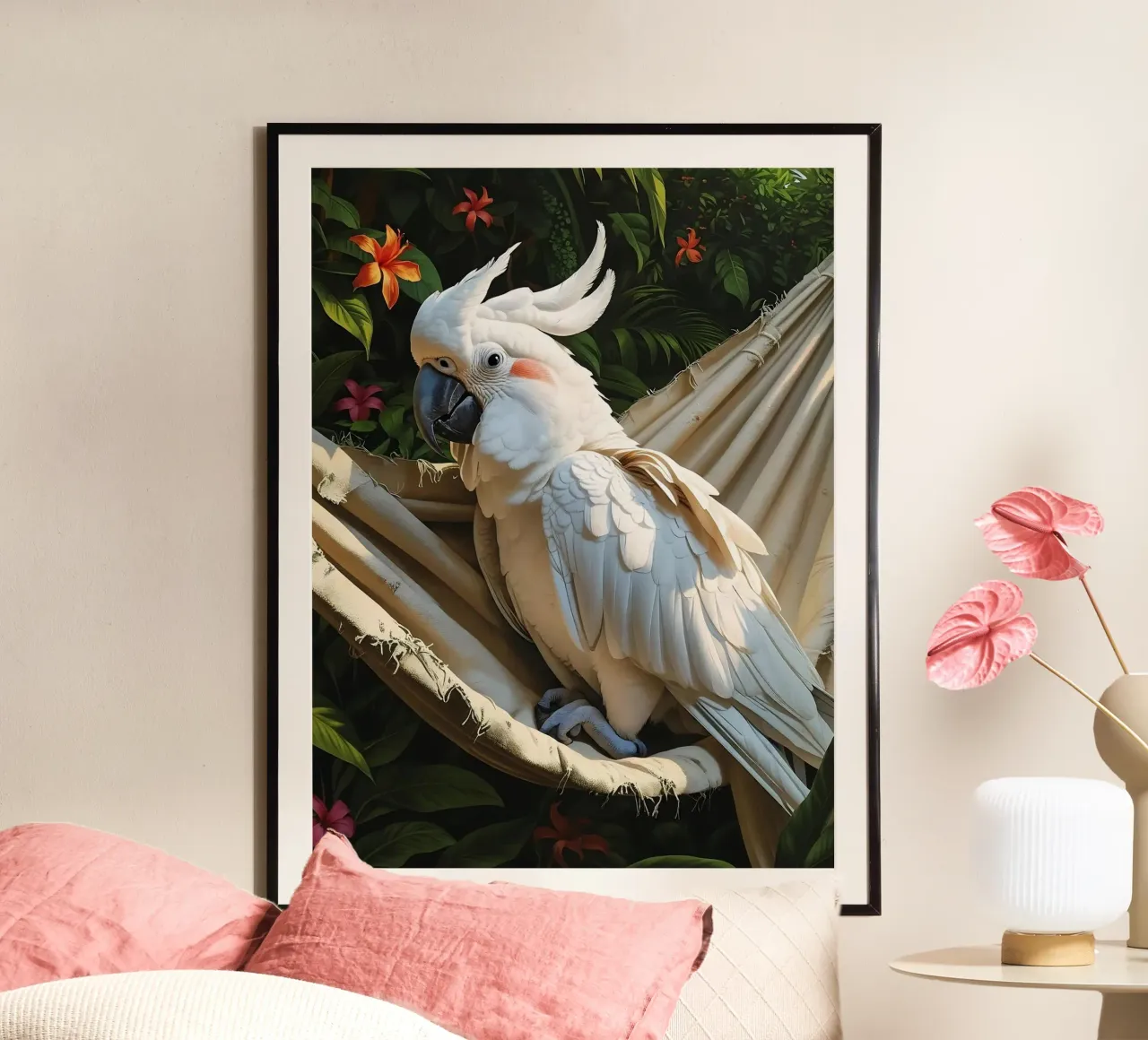 🌿🌺 Cockatoo | Ssst... modalità estiva attiva poster con telaio in alluminio da Trinkets NL Design Studio