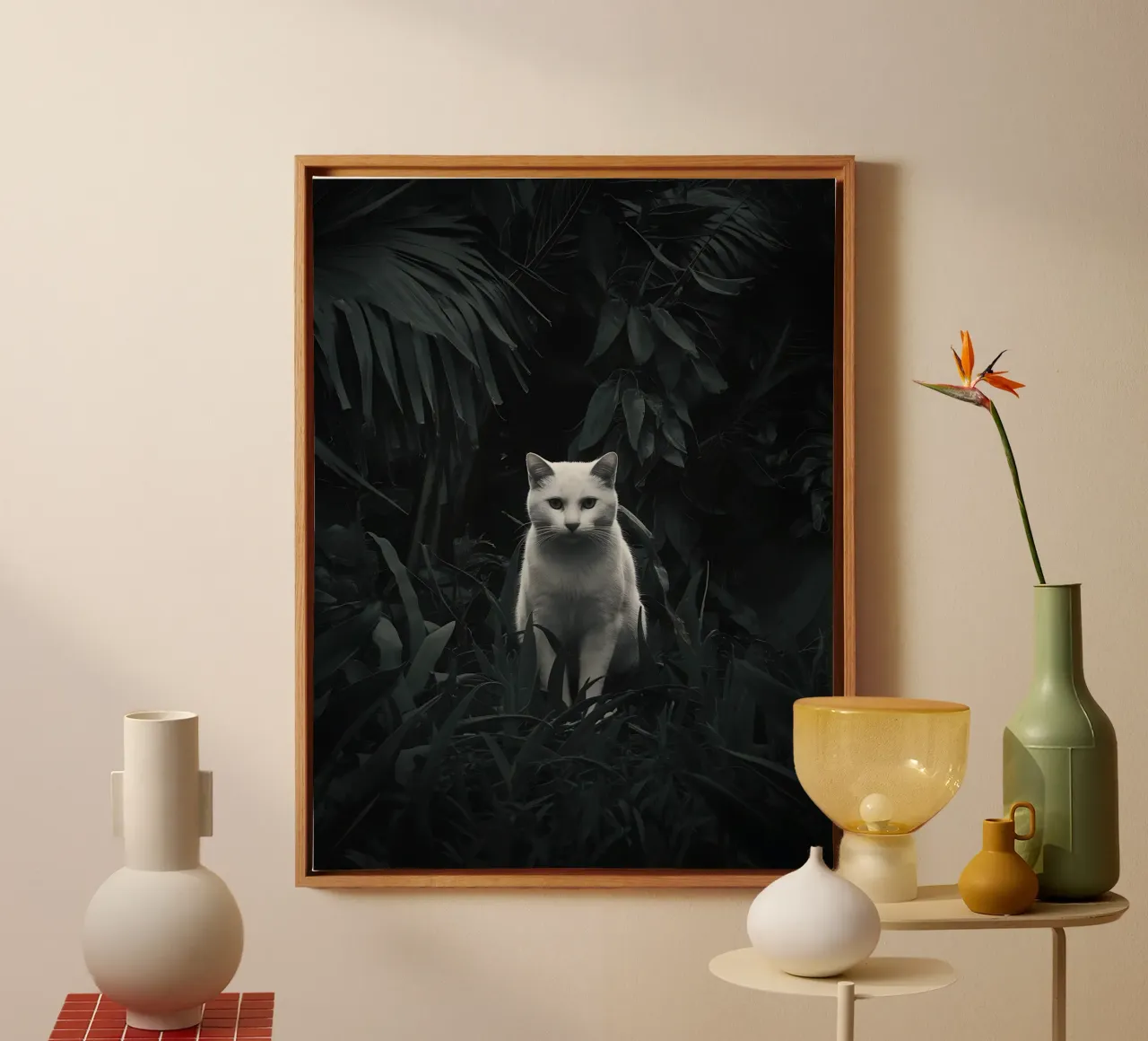 Gatto bianco nella giungla notturna tela con Cornice a cassetta da Plain Thoughts