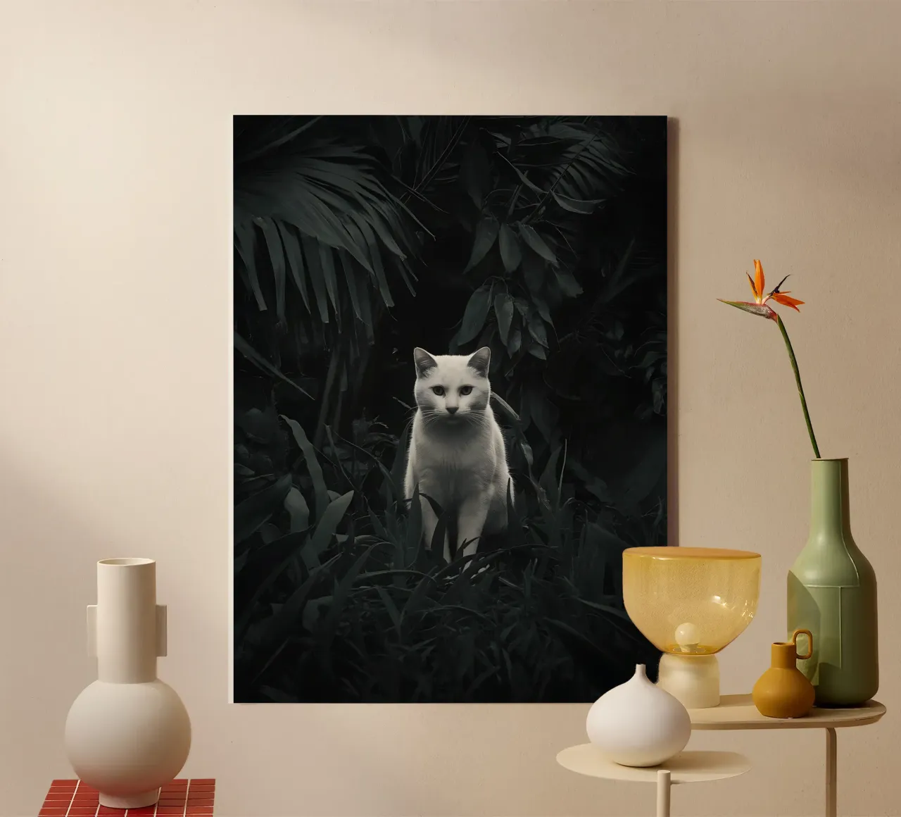 Gatto bianco nella giungla notturna tela con Cornice a cassetta da Plain Thoughts