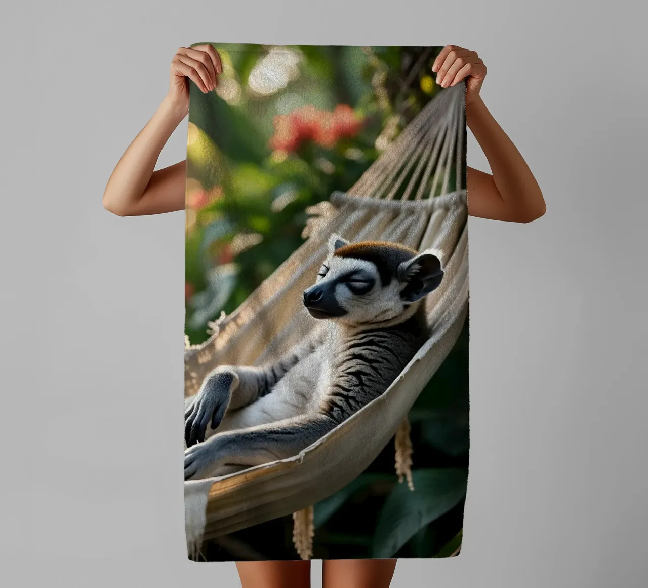 🌿🌺 Ringstaartmaki | Chillin’... with a view towel by Trinkets NL Design Studio