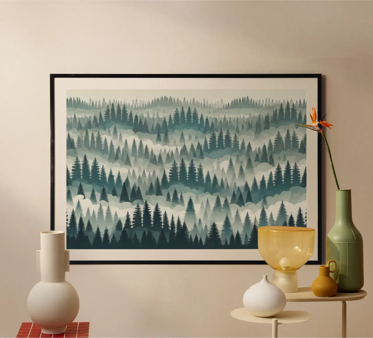 Fuga nel bosco nebbioso poster con telaio in alluminio da Chromatic Fusion Studio
