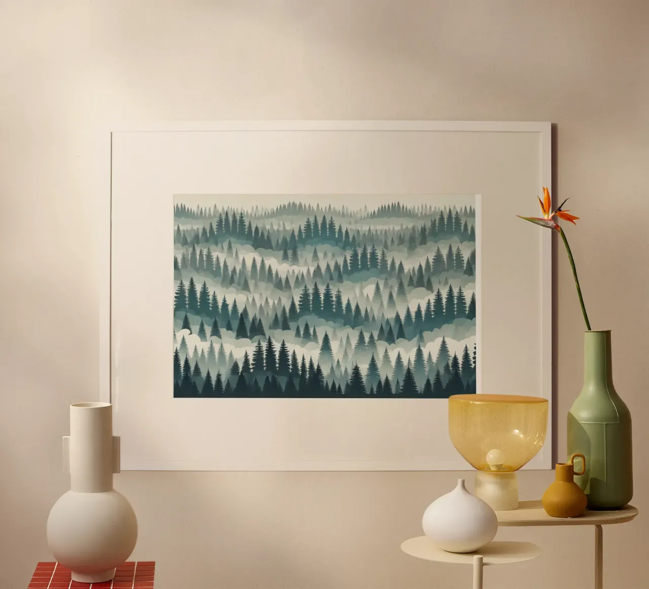 Fuga nel bosco nebbioso poster con telaio in alluminio da Chromatic Fusion Studio