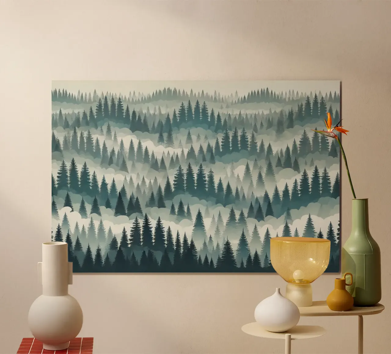 Fuga nel bosco nebbioso poster con telaio in alluminio da Chromatic Fusion Studio