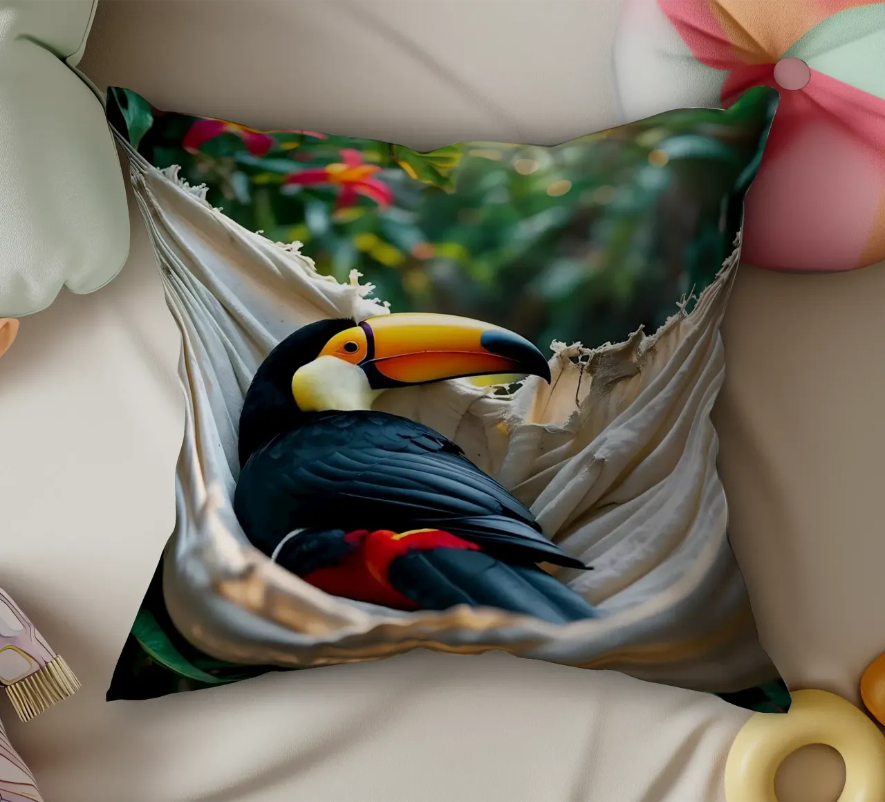 🌿🌺 Toucan | Chillin' in full swing (1) cuscino da Trinkets NL Design Studio