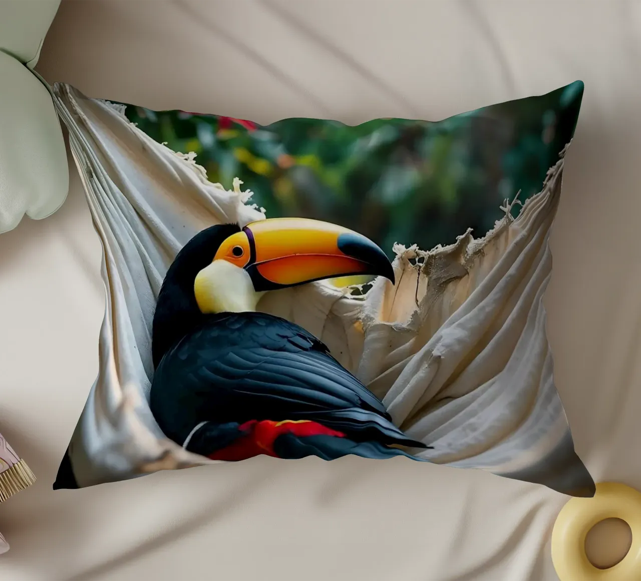 🌿🌺 Toucan | Chillin' in full swing (1) cuscino da Trinkets NL Design Studio