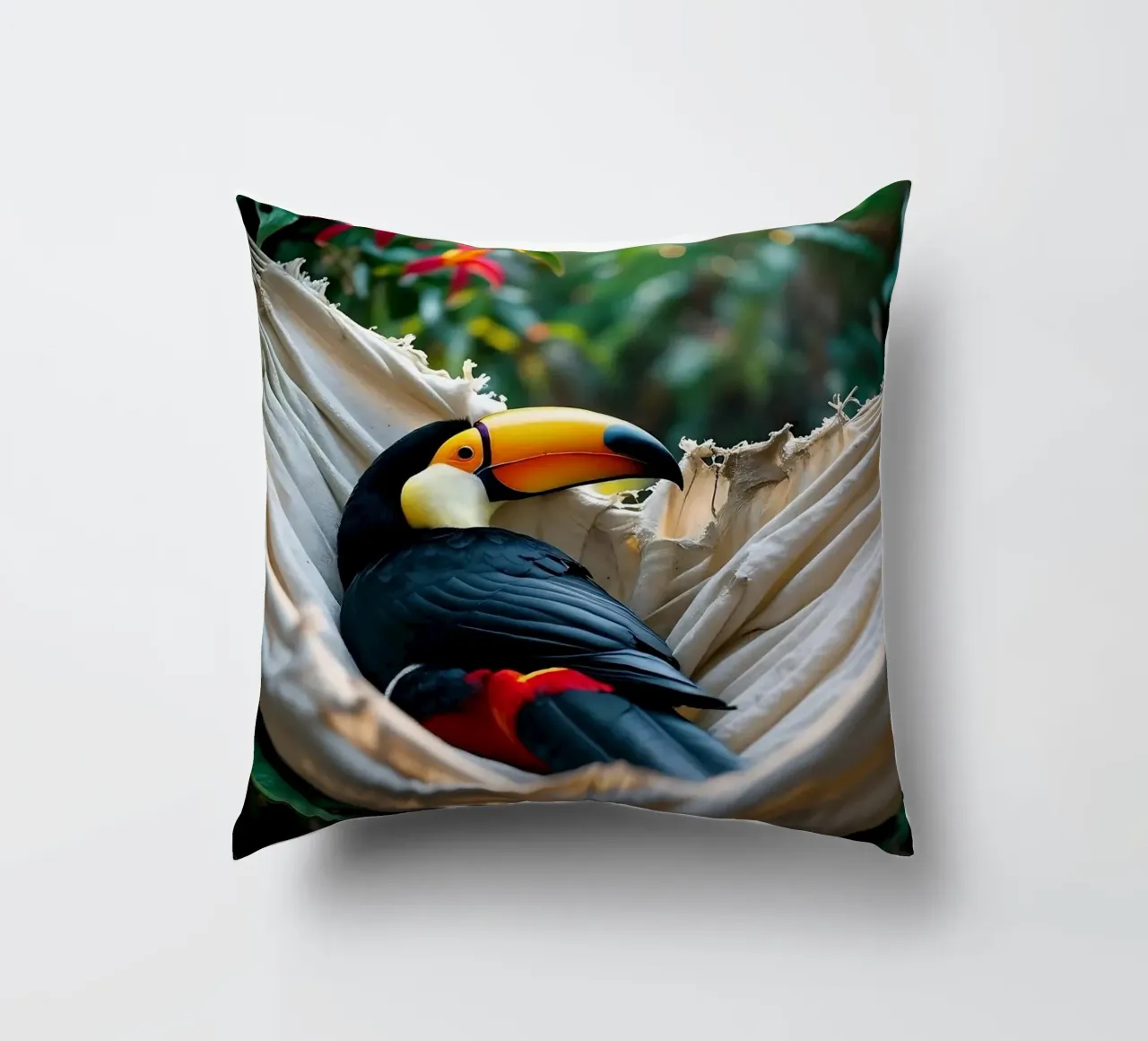🌿🌺 Toucan | Chillin' in full swing (1) cuscino da Trinkets NL Design Studio