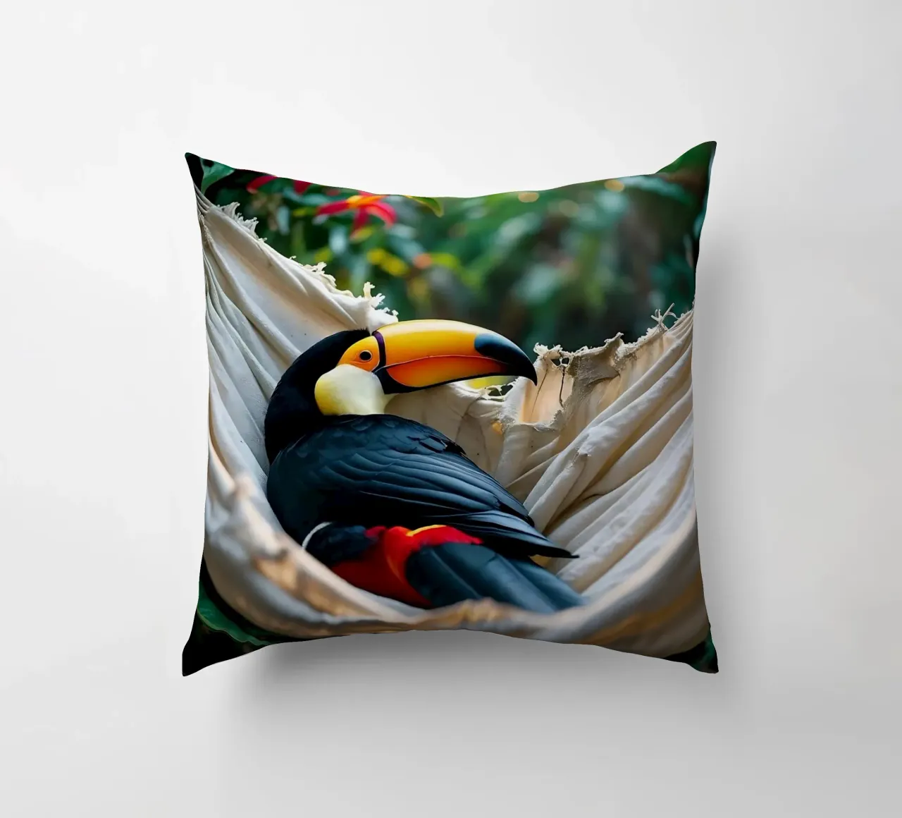 🌿🌺 Toucan | Chillin' in full swing (1) cuscino da Trinkets NL Design Studio