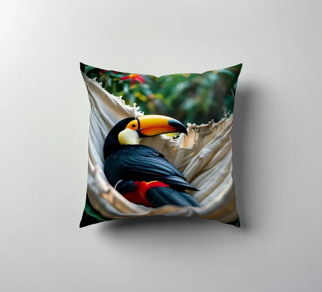 🌿🌺 Toucan | Chillin' in full swing (1) cuscino da Trinkets NL Design Studio