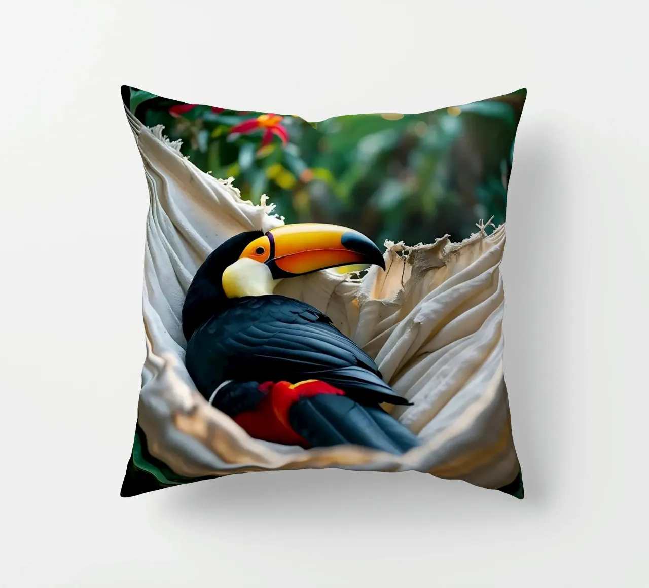 🌿🌺 Toucan | Chillin' in full swing (1) cuscino da Trinkets NL Design Studio