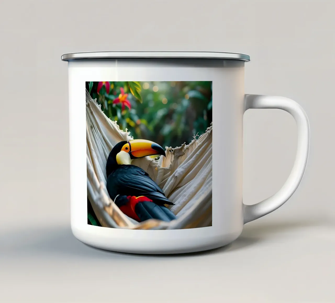 🌿🌺 Toucan | Chillin' in full swing (1) enamel mug by Trinkets NL Design Studio