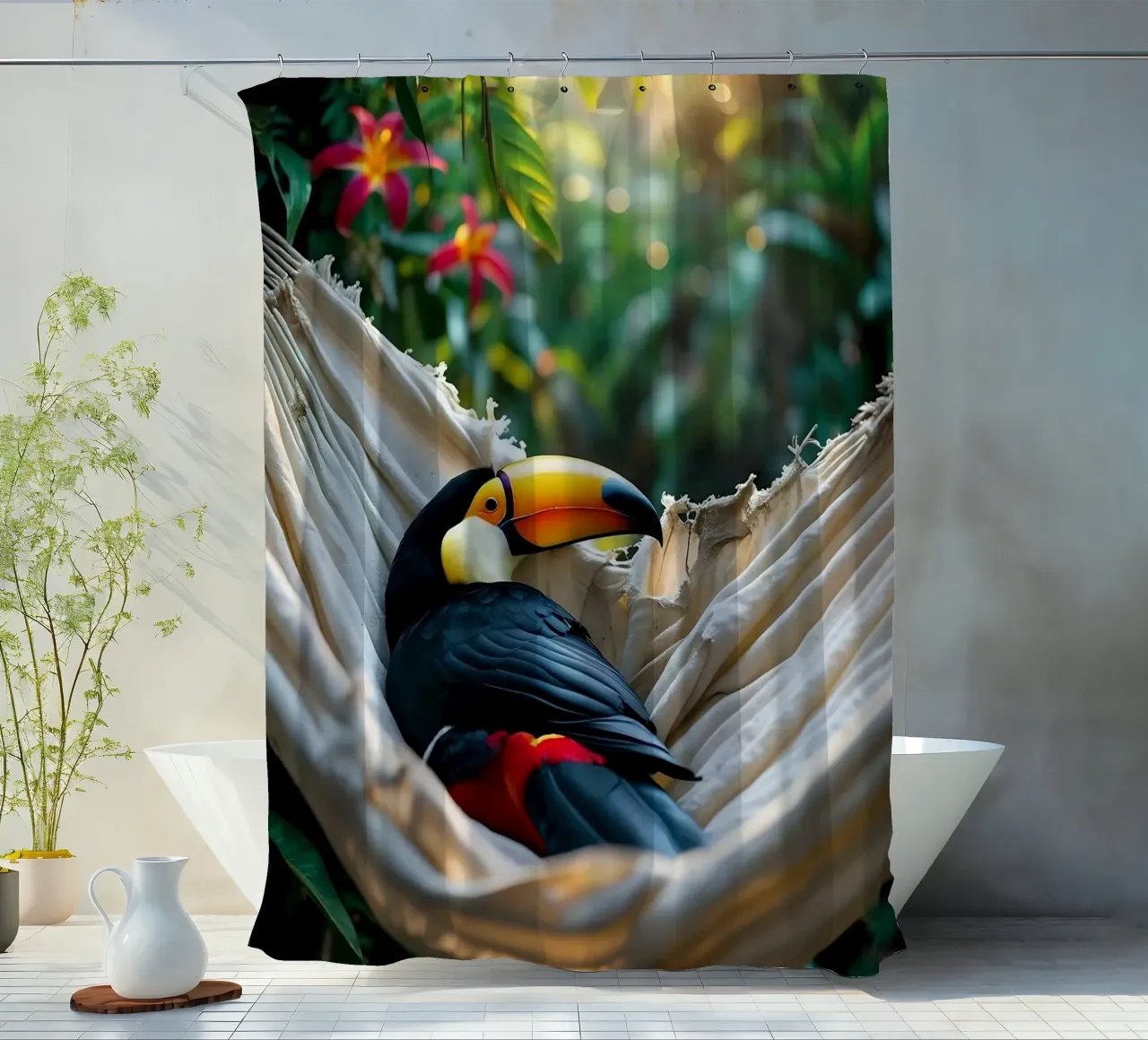 🌿🌺 Toucan | Chillin' in full swing (1) tenda da doccia da Trinkets NL Design Studio