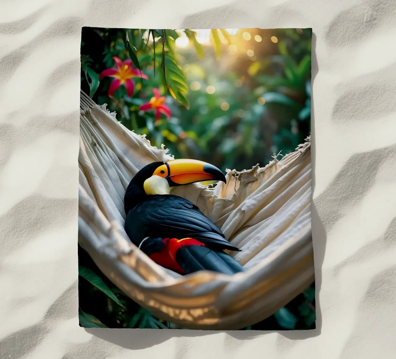 🌿🌺 Toucan | Chillin' in full swing (1) beach towel by Trinkets NL Design Studio