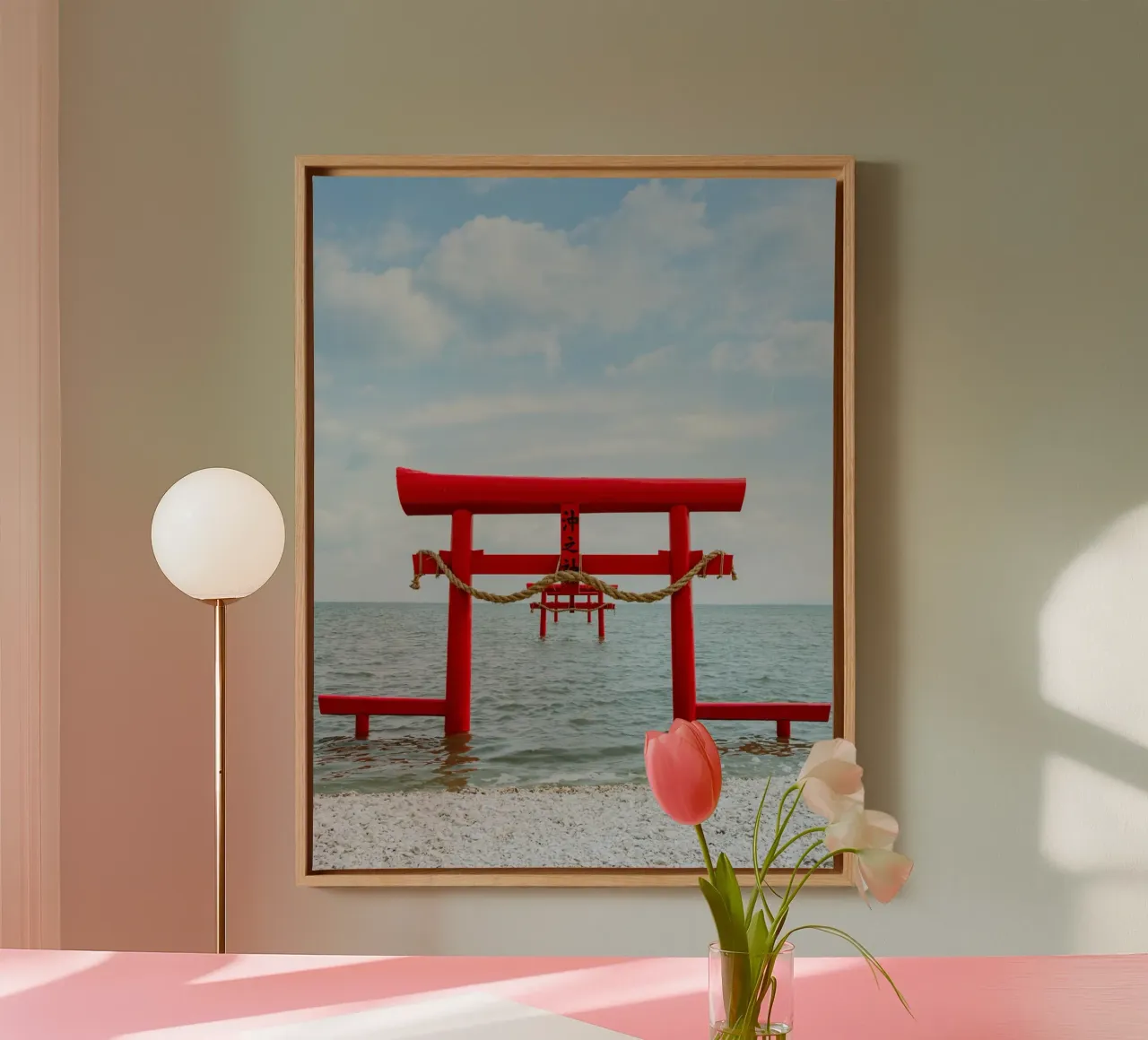 Schwebende rote Torii-Tore Leinwand mit Schattenfugenrahmen von Marcel Bisig