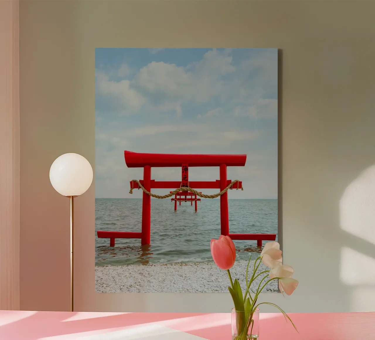 Schwebende rote Torii-Tore Leinwand mit Schattenfugenrahmen von Marcel Bisig