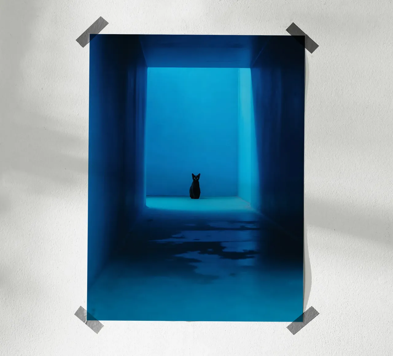 Il gatto nero nel corridoio blu poster con telaio in plastica da Plain Thoughts