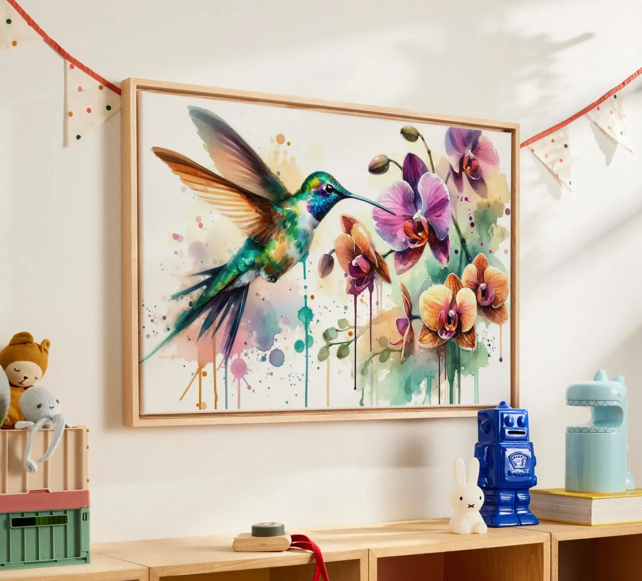 Kolibrie dansend tussen orchideeëndruppels canvas met Baklijst van Chromatic Fusion Studio