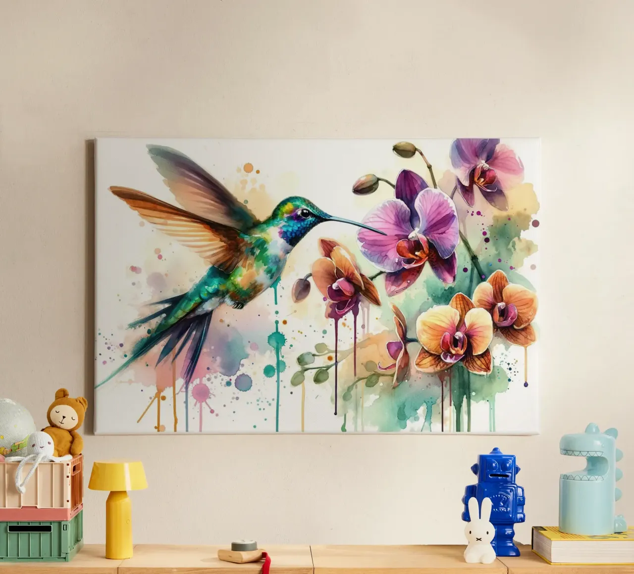 Kolibrie dansend tussen orchideeëndruppels canvas met Baklijst van Chromatic Fusion Studio