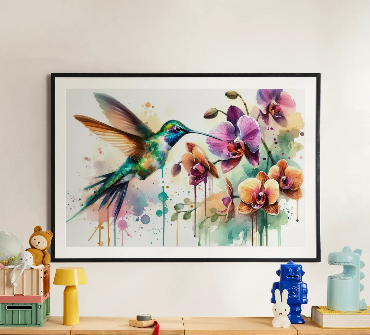 Danza del colibrì tra le gocce di orchidea poster da Chromatic Fusion Studio