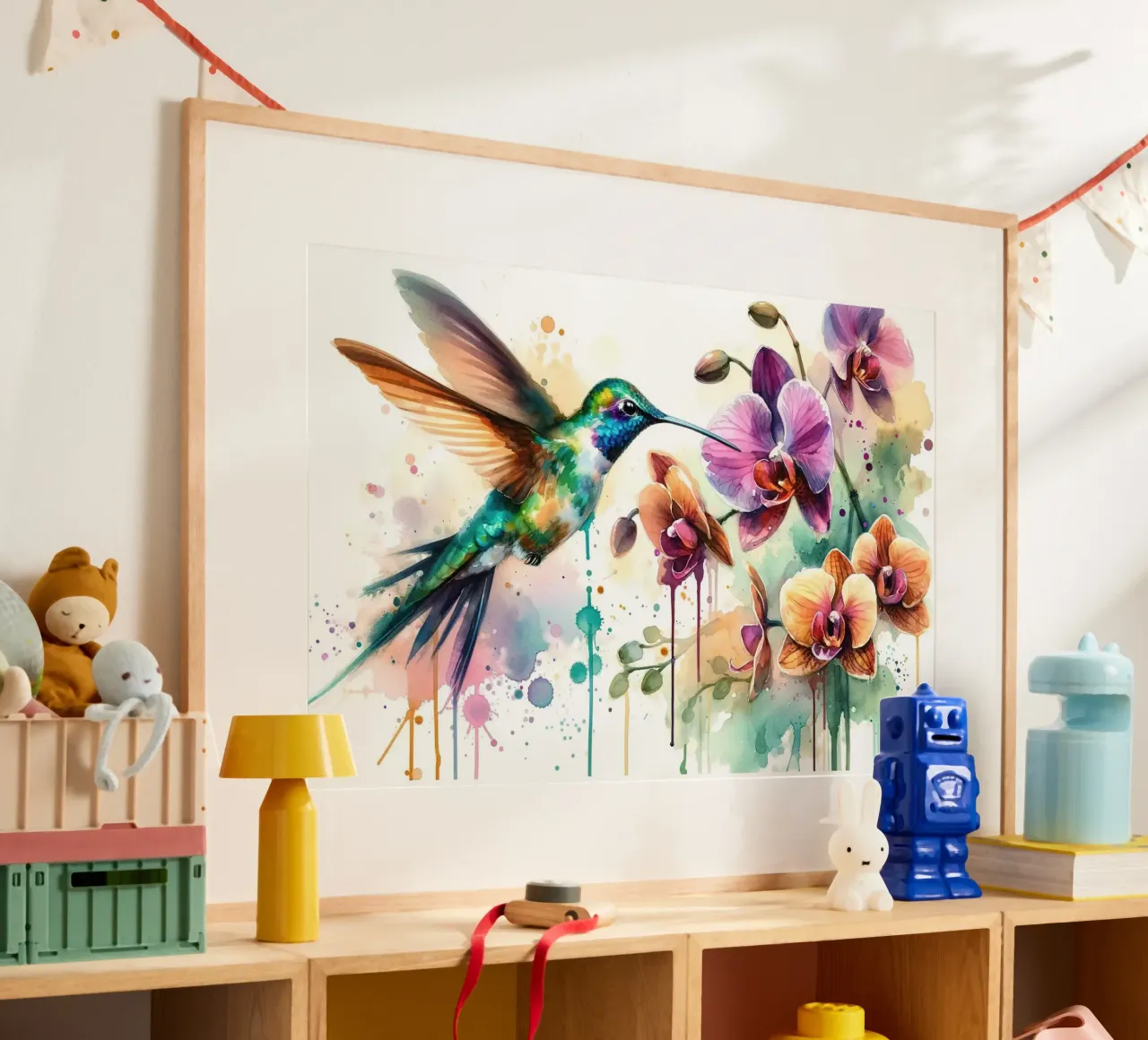 Danza del colibrì tra le gocce di orchidea poster da Chromatic Fusion Studio