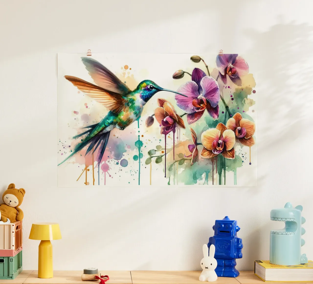 Danza del colibrì tra le gocce di orchidea poster da Chromatic Fusion Studio