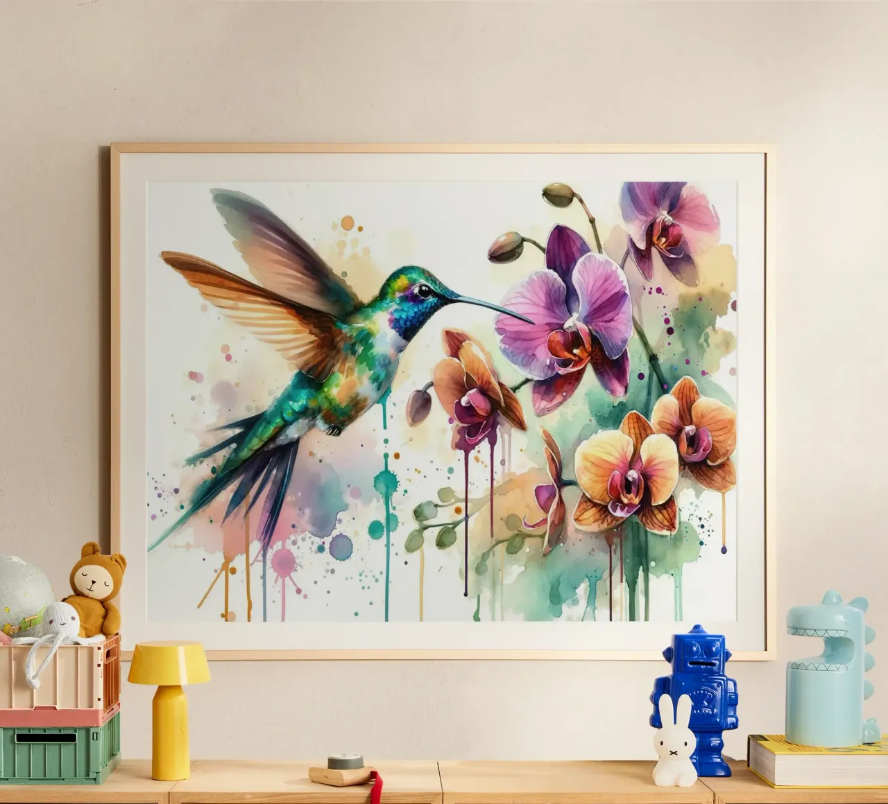 Danza del colibrì tra le gocce di orchidea poster da Chromatic Fusion Studio