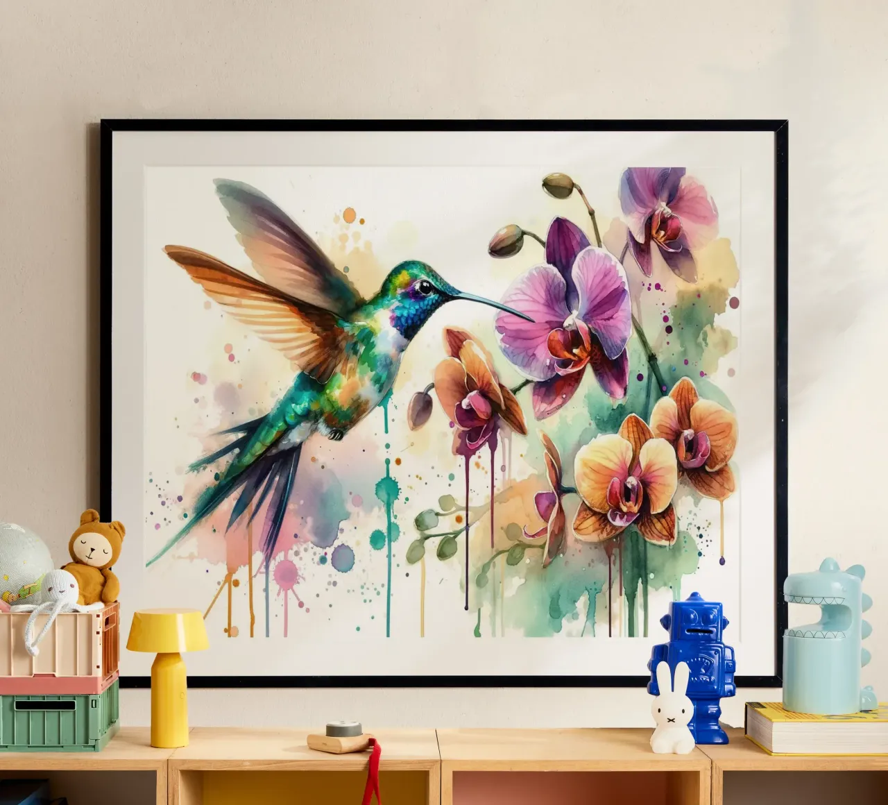 Danza del colibrì tra le gocce di orchidea poster da Chromatic Fusion Studio