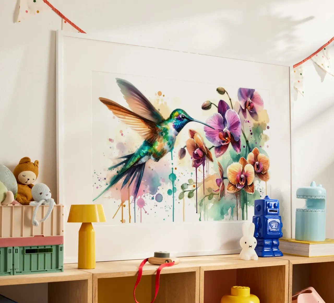 Danza del colibrì tra le gocce di orchidea poster da Chromatic Fusion Studio
