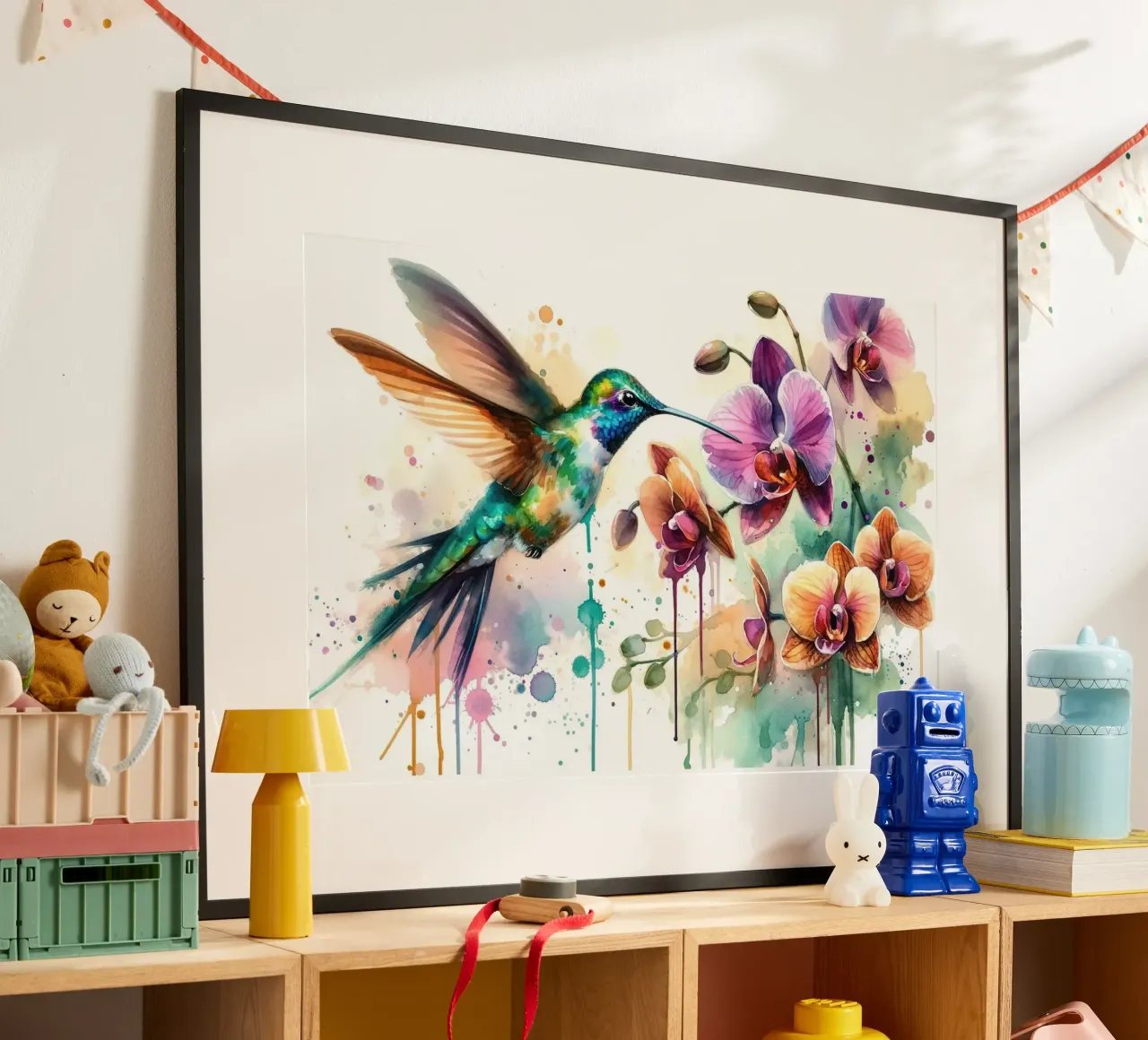 Danza del colibrì tra le gocce di orchidea poster da Chromatic Fusion Studio