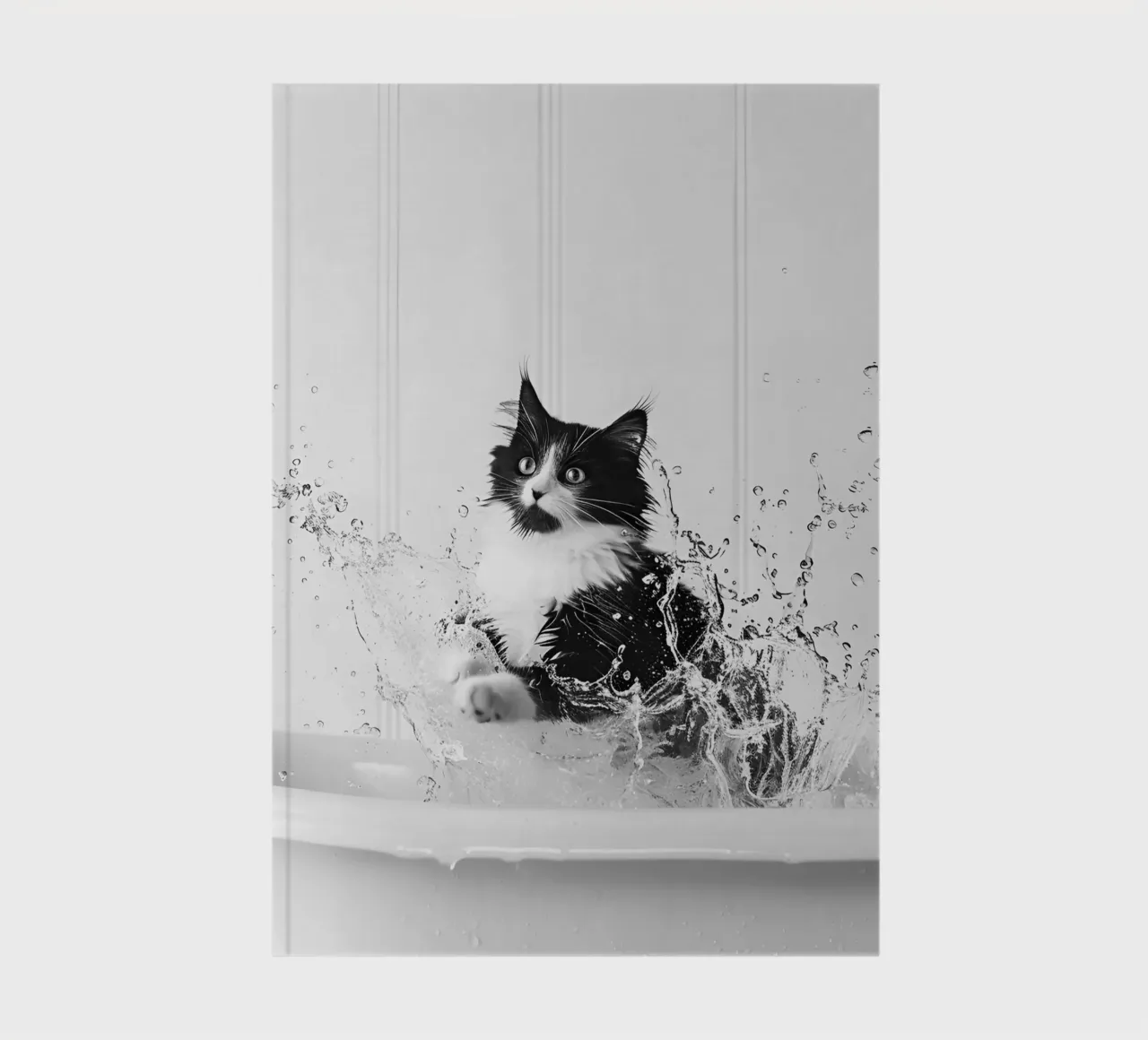 Tuxedo Cat Splashing in Bathtub, Black and White Art notebook by Vibrant Vintage Prints