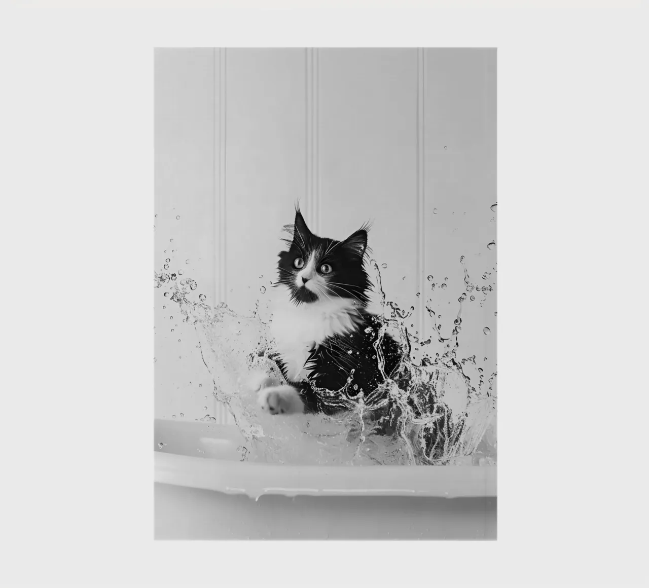 Tuxedo Cat Splashing in Bathtub, Black and White Art notebook by Vibrant Vintage Prints