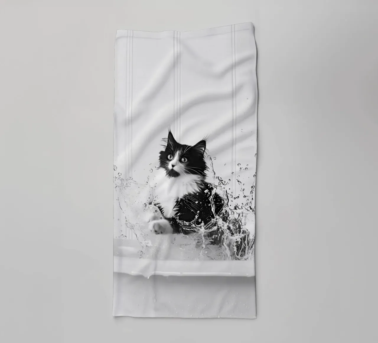 Tuxedo Cat Splashing in Bathtub, Black and White Art towel by Vibrant Vintage Prints