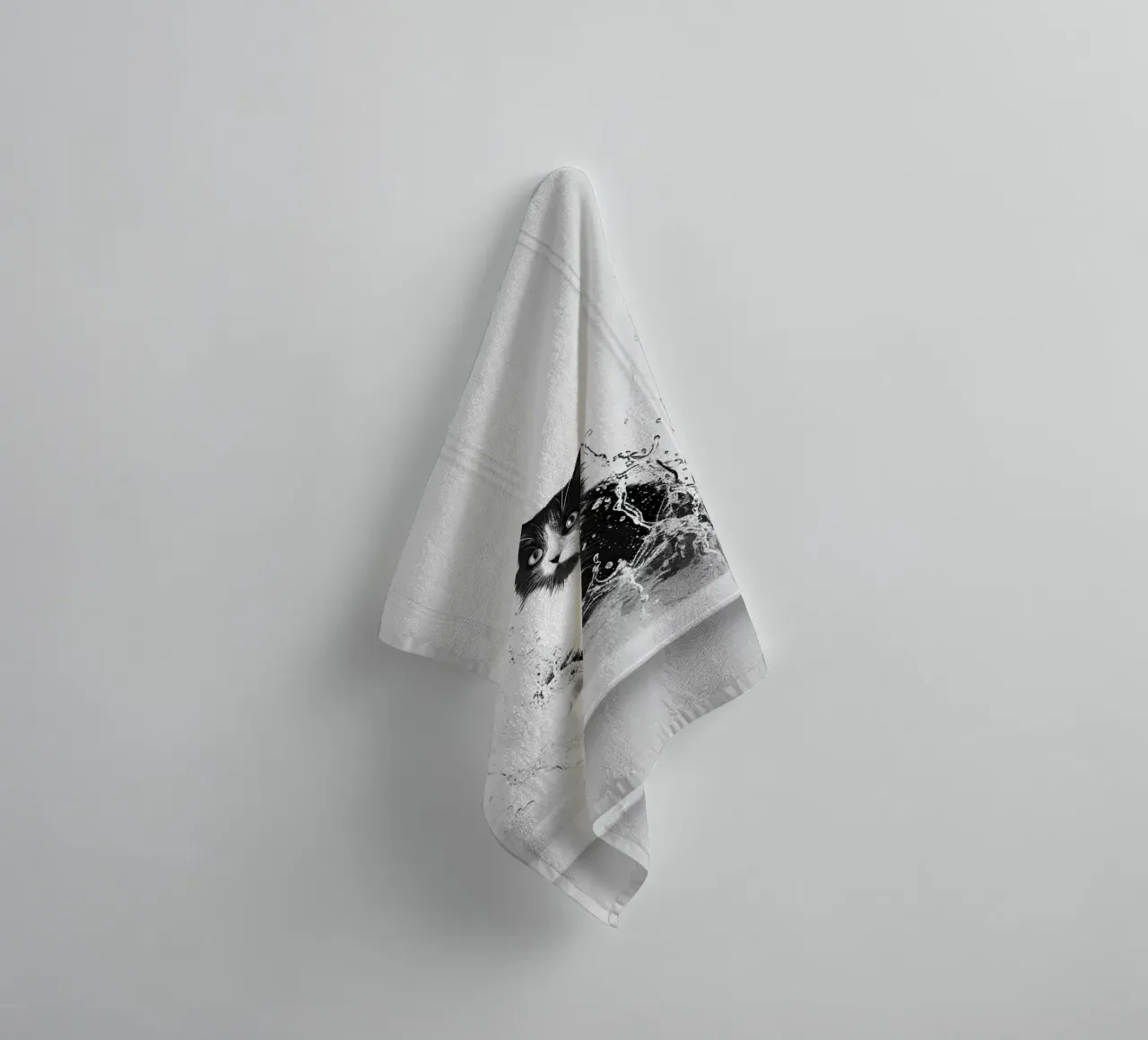 Tuxedo Cat Splashing in Bathtub, Black and White Art towel by Vibrant Vintage Prints