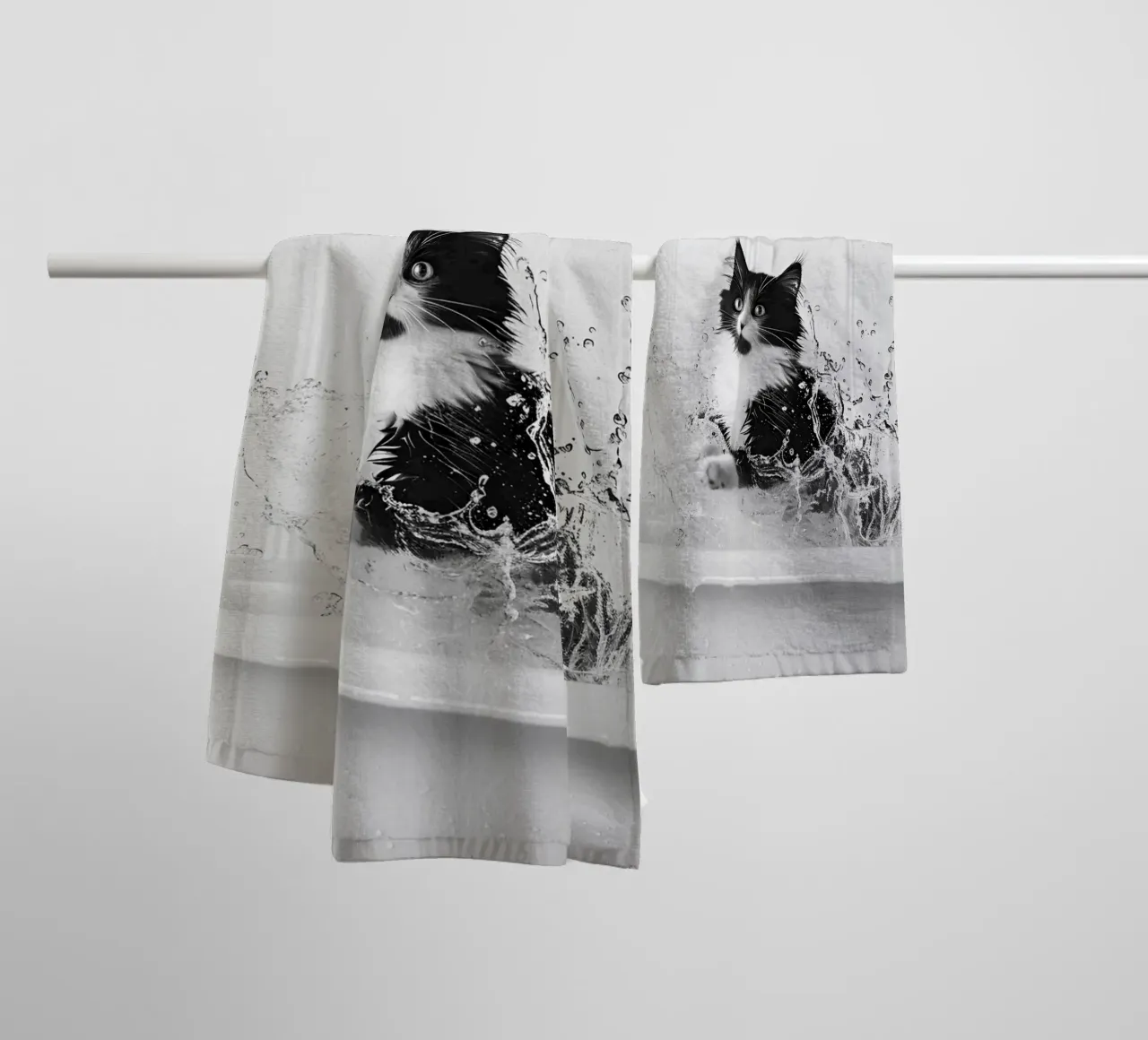 Tuxedo Cat Splashing in Bathtub, Black and White Art towel by Vibrant Vintage Prints