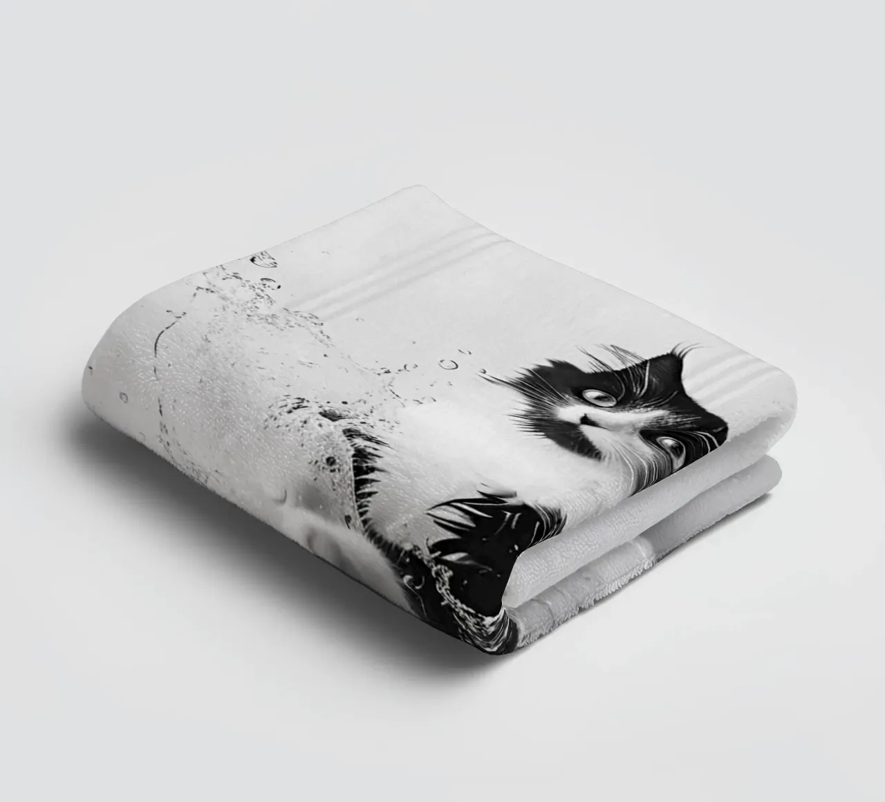 Tuxedo Cat Splashing in Bathtub, Black and White Art towel by Vibrant Vintage Prints